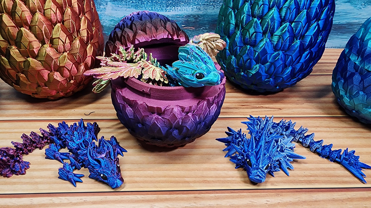 Dragon Egg and Dragons - 3d Printed Articulated Dragon w/ Colored Eyes - 12+ dragons