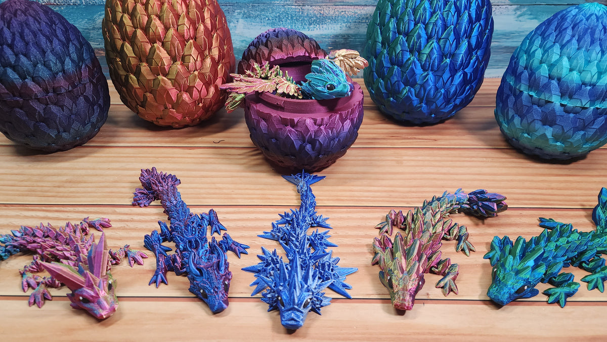Dragon Egg and Dragons - 3d Printed Articulated Dragon w/ Colored Eyes - 12+ dragons